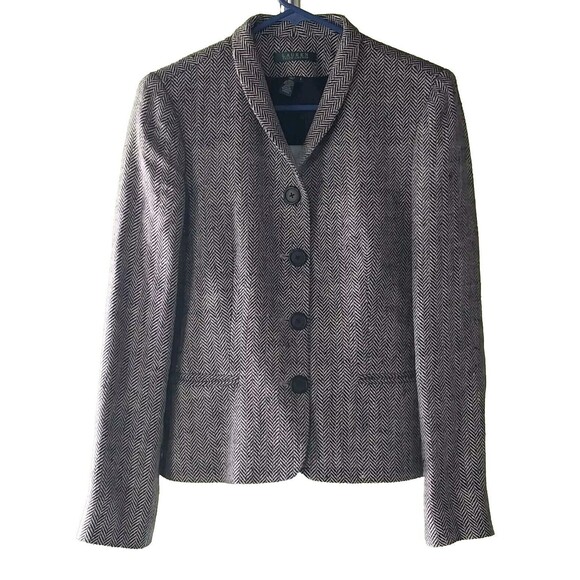Ralph Lauren Jackets & Blazers - RALPH LAUREN Blazer Black Cream Herringbone Size 8 Silk Linen Blend Academia GUC